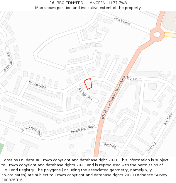 16, BRO EDNYFED, LLANGEFNI, LL77 7WA: Location map and indicative extent of plot