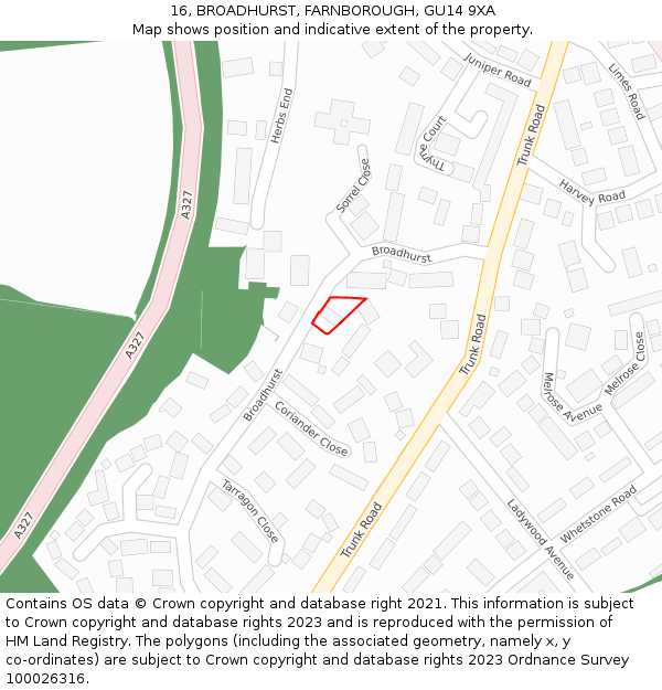 16, BROADHURST, FARNBOROUGH, GU14 9XA: Location map and indicative extent of plot