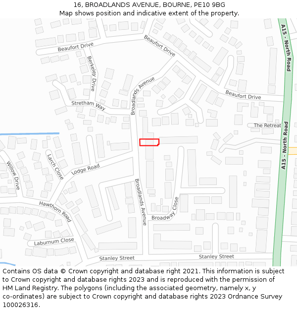 16, BROADLANDS AVENUE, BOURNE, PE10 9BG: Location map and indicative extent of plot