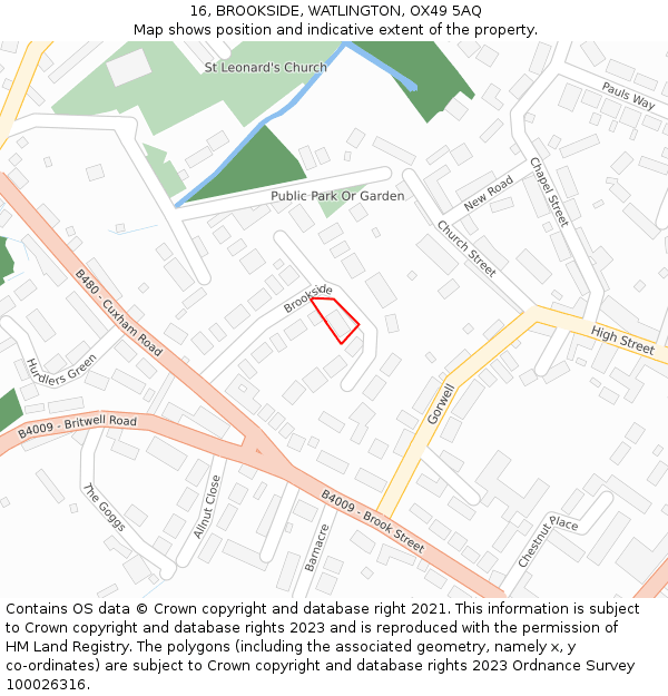 16, BROOKSIDE, WATLINGTON, OX49 5AQ: Location map and indicative extent of plot