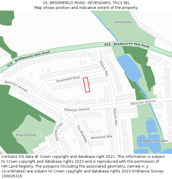 16, BROOMFIELD ROAD, SEVENOAKS, TN13 3EL: Location map and indicative extent of plot