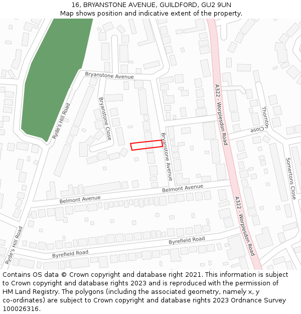 16, BRYANSTONE AVENUE, GUILDFORD, GU2 9UN: Location map and indicative extent of plot