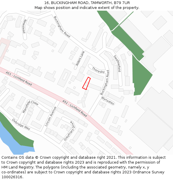 16, BUCKINGHAM ROAD, TAMWORTH, B79 7UR: Location map and indicative extent of plot