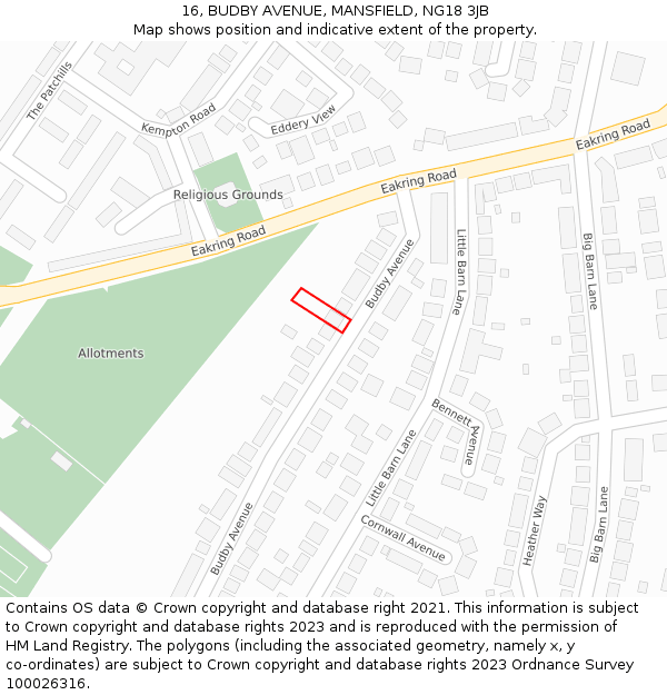 16, BUDBY AVENUE, MANSFIELD, NG18 3JB: Location map and indicative extent of plot