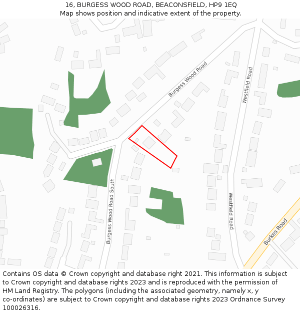 16, BURGESS WOOD ROAD, BEACONSFIELD, HP9 1EQ: Location map and indicative extent of plot