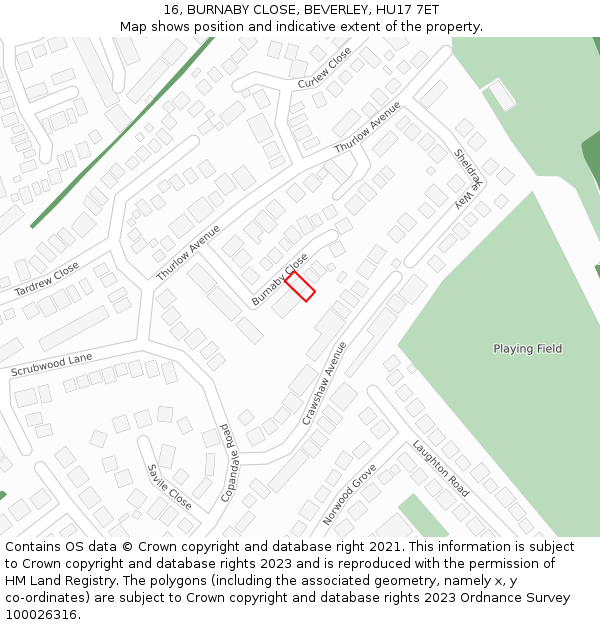 16, BURNABY CLOSE, BEVERLEY, HU17 7ET: Location map and indicative extent of plot