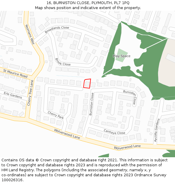 16, BURNISTON CLOSE, PLYMOUTH, PL7 1PQ: Location map and indicative extent of plot
