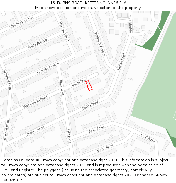 16, BURNS ROAD, KETTERING, NN16 9LA: Location map and indicative extent of plot