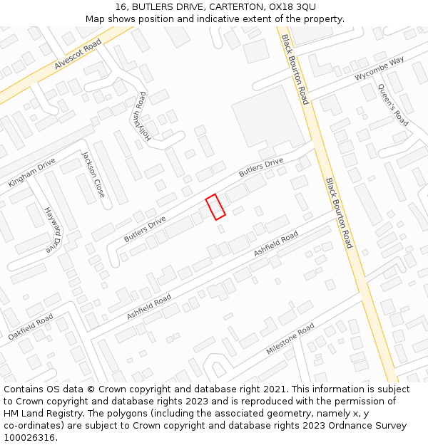 16, BUTLERS DRIVE, CARTERTON, OX18 3QU: Location map and indicative extent of plot