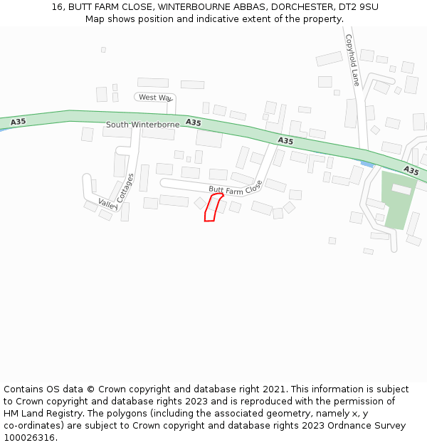 16, BUTT FARM CLOSE, WINTERBOURNE ABBAS, DORCHESTER, DT2 9SU: Location map and indicative extent of plot