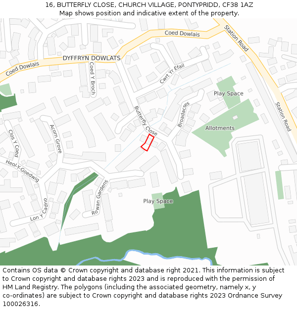 16, BUTTERFLY CLOSE, CHURCH VILLAGE, PONTYPRIDD, CF38 1AZ: Location map and indicative extent of plot