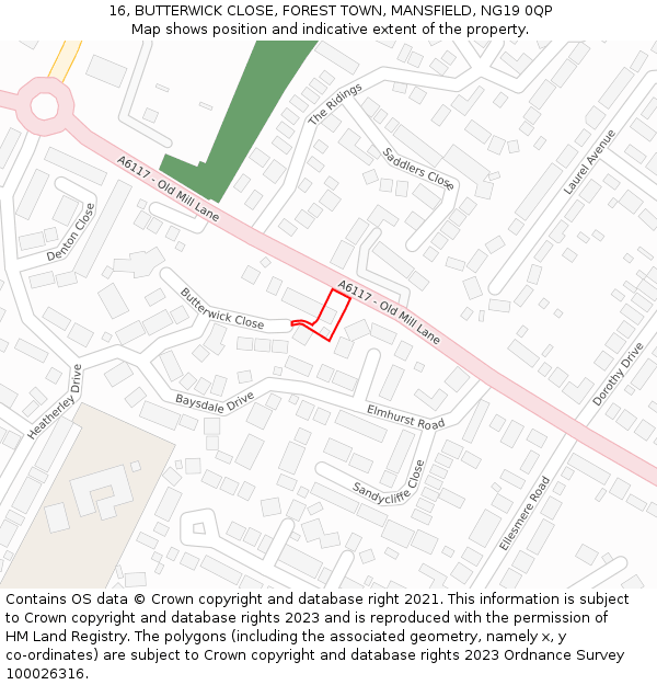 16, BUTTERWICK CLOSE, FOREST TOWN, MANSFIELD, NG19 0QP: Location map and indicative extent of plot