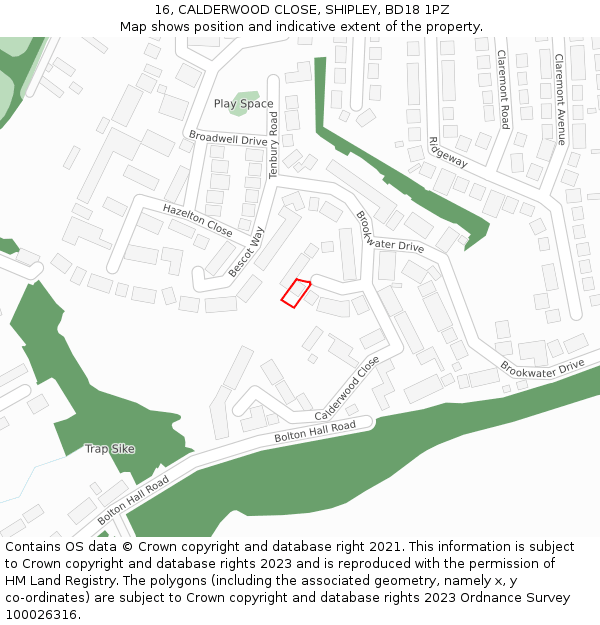 16, CALDERWOOD CLOSE, SHIPLEY, BD18 1PZ: Location map and indicative extent of plot