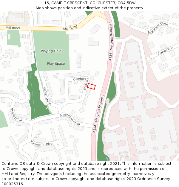 16, CAMBIE CRESCENT, COLCHESTER, CO4 5DW: Location map and indicative extent of plot