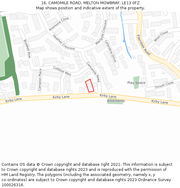 16, CAMOMILE ROAD, MELTON MOWBRAY, LE13 0FZ: Location map and indicative extent of plot