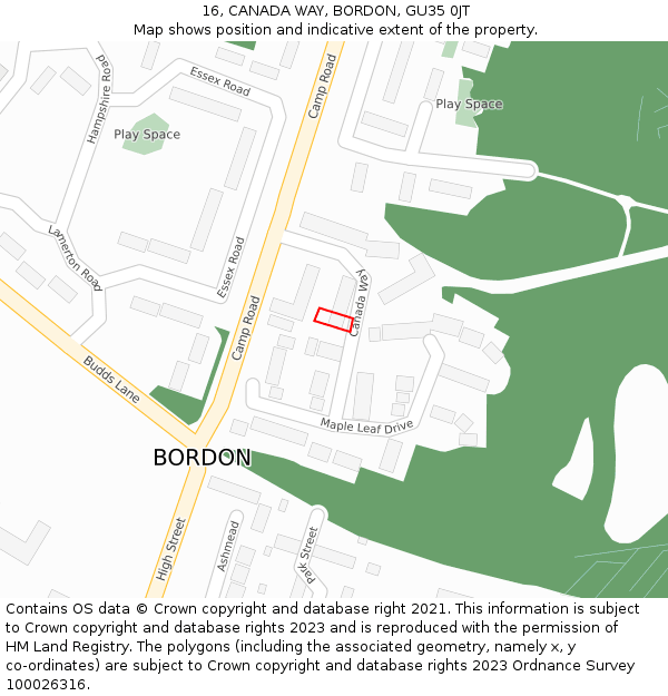 16, CANADA WAY, BORDON, GU35 0JT: Location map and indicative extent of plot