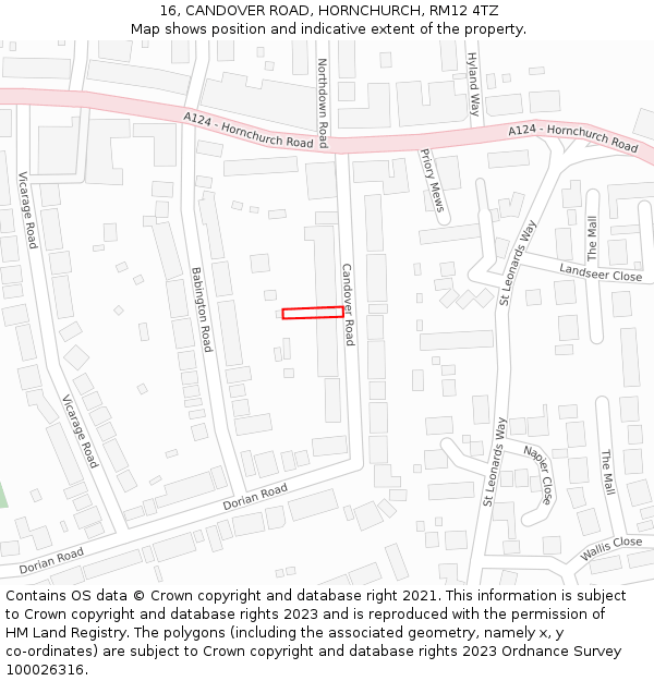 16, CANDOVER ROAD, HORNCHURCH, RM12 4TZ: Location map and indicative extent of plot