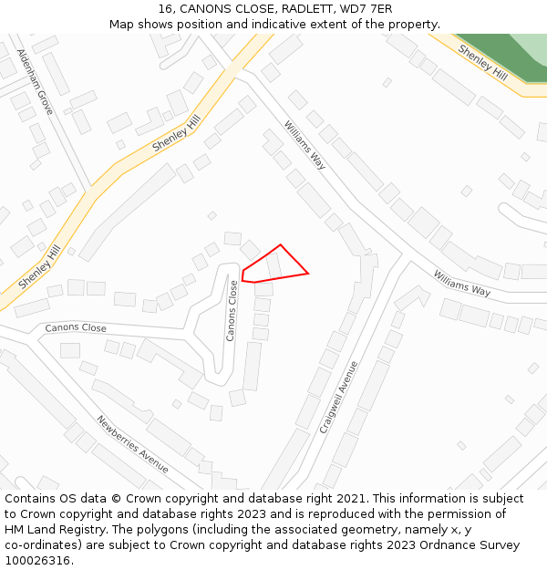 16, CANONS CLOSE, RADLETT, WD7 7ER: Location map and indicative extent of plot