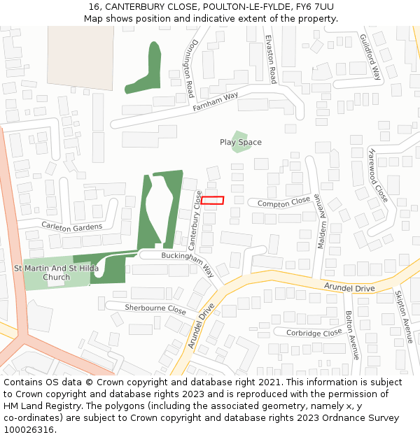 16, CANTERBURY CLOSE, POULTON-LE-FYLDE, FY6 7UU: Location map and indicative extent of plot