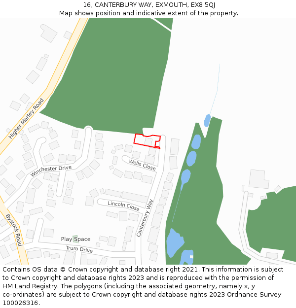 16, CANTERBURY WAY, EXMOUTH, EX8 5QJ: Location map and indicative extent of plot