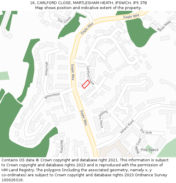 16, CARLFORD CLOSE, MARTLESHAM HEATH, IPSWICH, IP5 3TB: Location map and indicative extent of plot