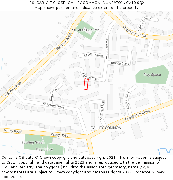 16, CARLYLE CLOSE, GALLEY COMMON, NUNEATON, CV10 9QX: Location map and indicative extent of plot