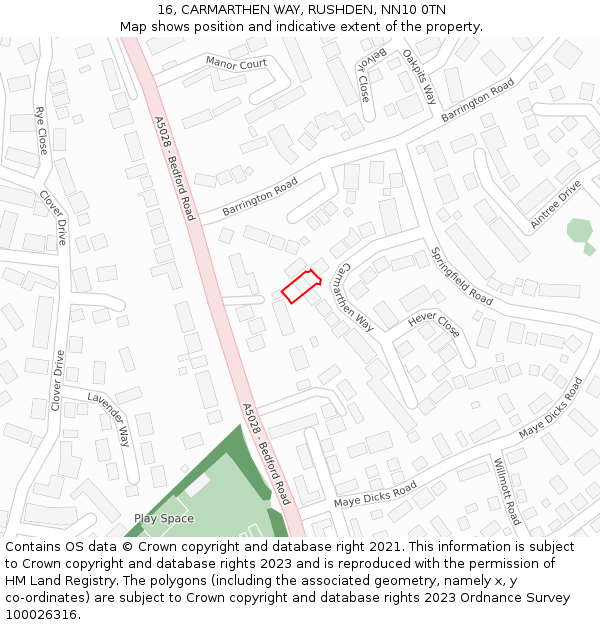 16, CARMARTHEN WAY, RUSHDEN, NN10 0TN: Location map and indicative extent of plot