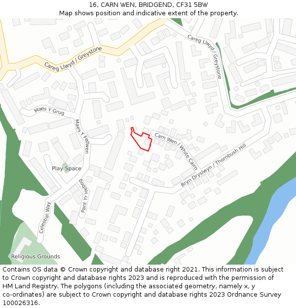 16, CARN WEN, BRIDGEND, CF31 5BW: Location map and indicative extent of plot