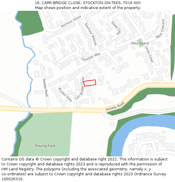 16, CARR BRIDGE CLOSE, STOCKTON-ON-TEES, TS16 0GY: Location map and indicative extent of plot