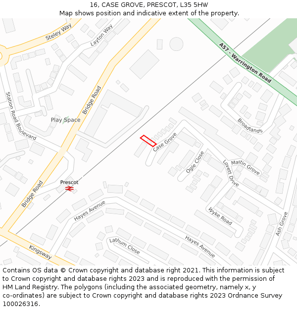 16, CASE GROVE, PRESCOT, L35 5HW: Location map and indicative extent of plot