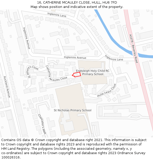 16, CATHERINE MCAULEY CLOSE, HULL, HU6 7FD: Location map and indicative extent of plot