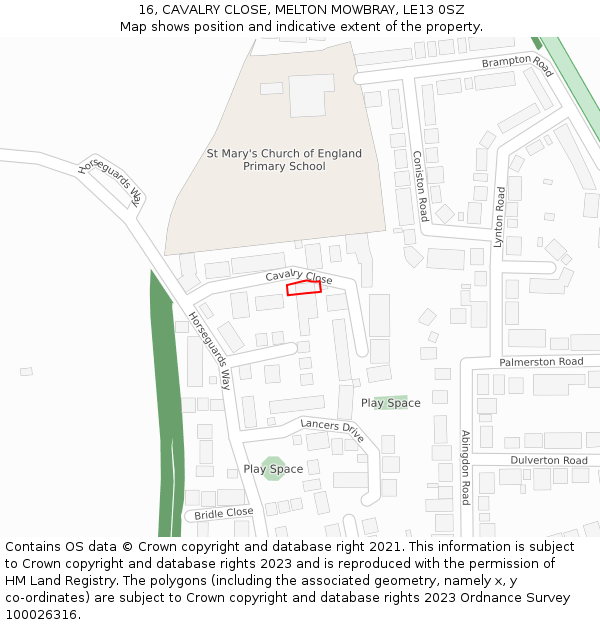 16, CAVALRY CLOSE, MELTON MOWBRAY, LE13 0SZ: Location map and indicative extent of plot