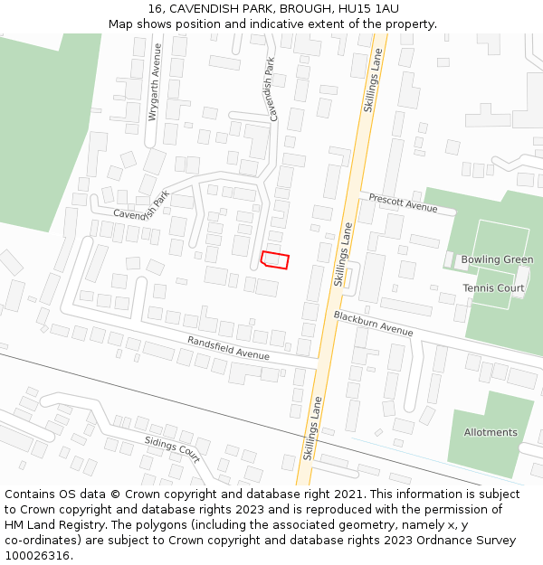 16, CAVENDISH PARK, BROUGH, HU15 1AU: Location map and indicative extent of plot