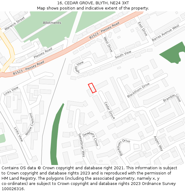 16, CEDAR GROVE, BLYTH, NE24 3XT: Location map and indicative extent of plot