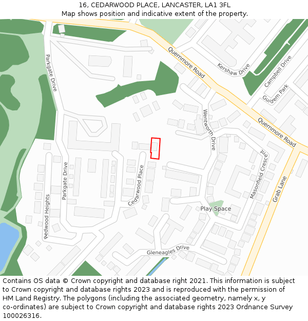 16, CEDARWOOD PLACE, LANCASTER, LA1 3FL: Location map and indicative extent of plot