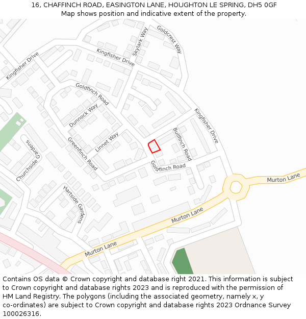 16, CHAFFINCH ROAD, EASINGTON LANE, HOUGHTON LE SPRING, DH5 0GF: Location map and indicative extent of plot