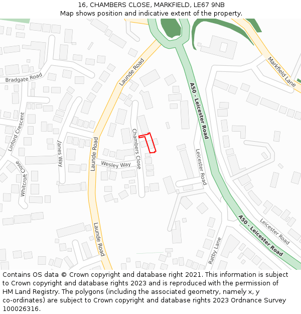 16, CHAMBERS CLOSE, MARKFIELD, LE67 9NB: Location map and indicative extent of plot