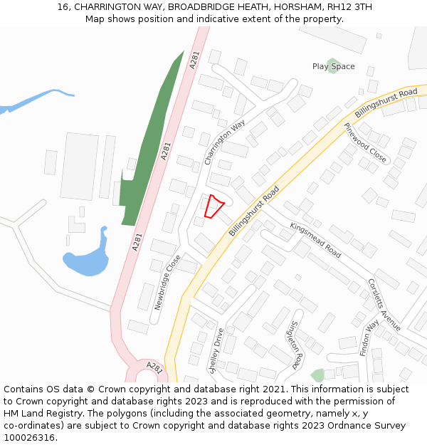 16, CHARRINGTON WAY, BROADBRIDGE HEATH, HORSHAM, RH12 3TH: Location map and indicative extent of plot