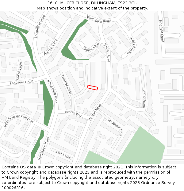 16, CHAUCER CLOSE, BILLINGHAM, TS23 3GU: Location map and indicative extent of plot