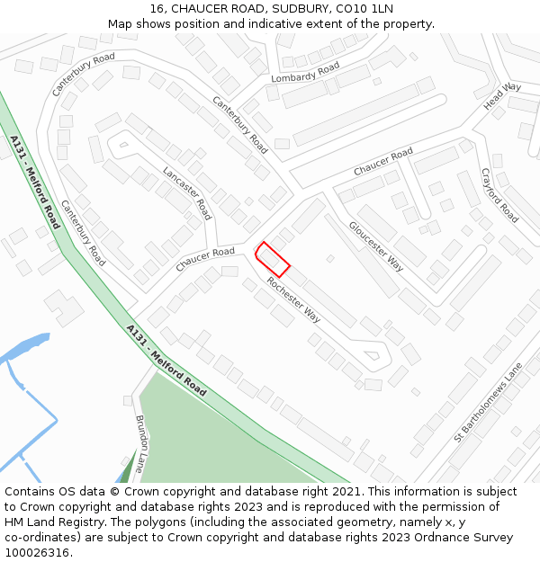 16, CHAUCER ROAD, SUDBURY, CO10 1LN: Location map and indicative extent of plot