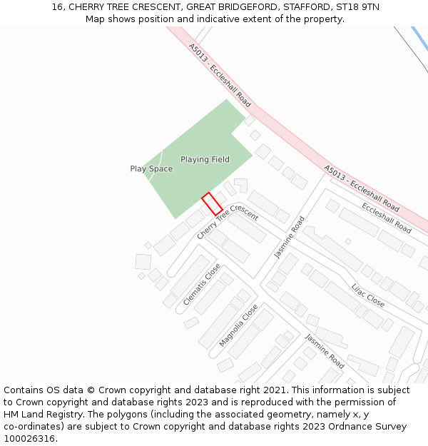 16, CHERRY TREE CRESCENT, GREAT BRIDGEFORD, STAFFORD, ST18 9TN: Location map and indicative extent of plot