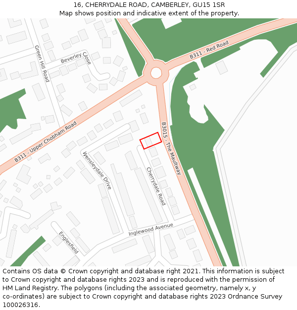 16, CHERRYDALE ROAD, CAMBERLEY, GU15 1SR: Location map and indicative extent of plot