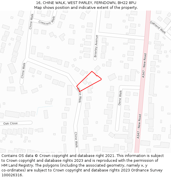 16, CHINE WALK, WEST PARLEY, FERNDOWN, BH22 8PU: Location map and indicative extent of plot