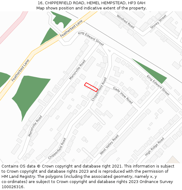 16, CHIPPERFIELD ROAD, HEMEL HEMPSTEAD, HP3 0AH: Location map and indicative extent of plot