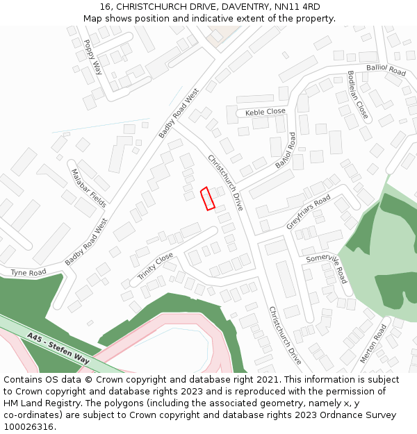 16, CHRISTCHURCH DRIVE, DAVENTRY, NN11 4RD: Location map and indicative extent of plot