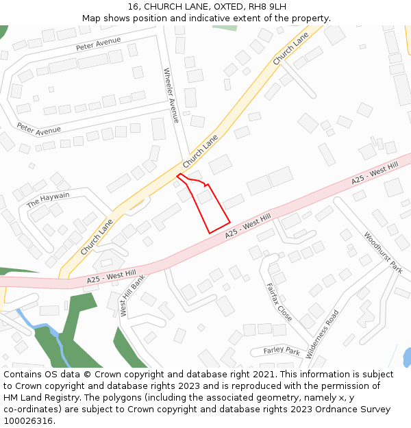 16, CHURCH LANE, OXTED, RH8 9LH: Location map and indicative extent of plot