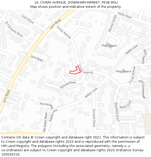 16, CIVRAY AVENUE, DOWNHAM MARKET, PE38 9NU: Location map and indicative extent of plot