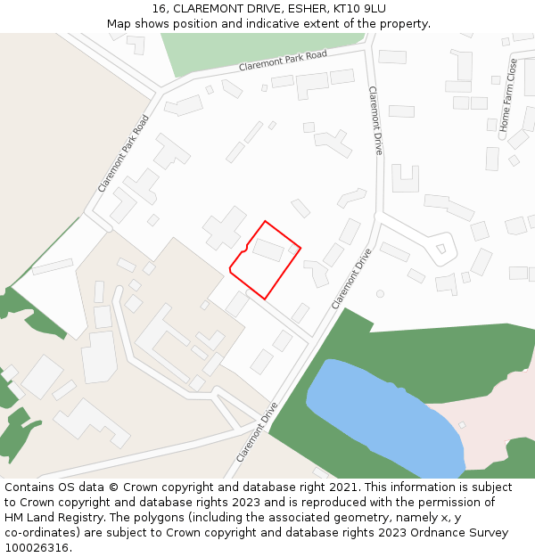 16, CLAREMONT DRIVE, ESHER, KT10 9LU: Location map and indicative extent of plot