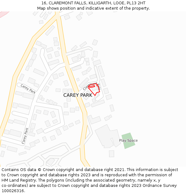 16, CLAREMONT FALLS, KILLIGARTH, LOOE, PL13 2HT: Location map and indicative extent of plot