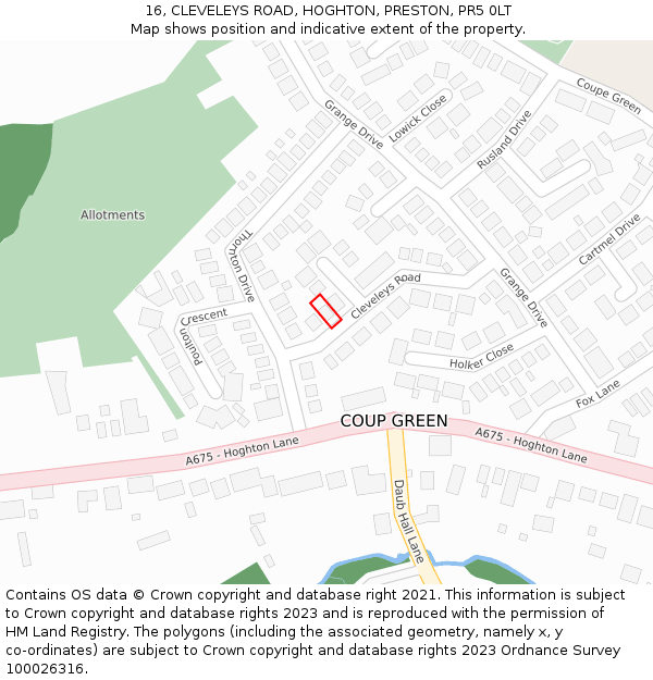 16, CLEVELEYS ROAD, HOGHTON, PRESTON, PR5 0LT: Location map and indicative extent of plot